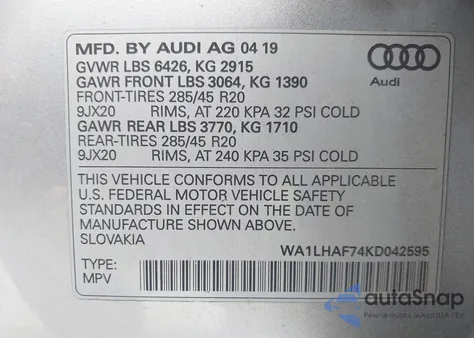 2019 Audi Q7 45 Premium from USA, damaged, VIN WA1LHAF74KD042595